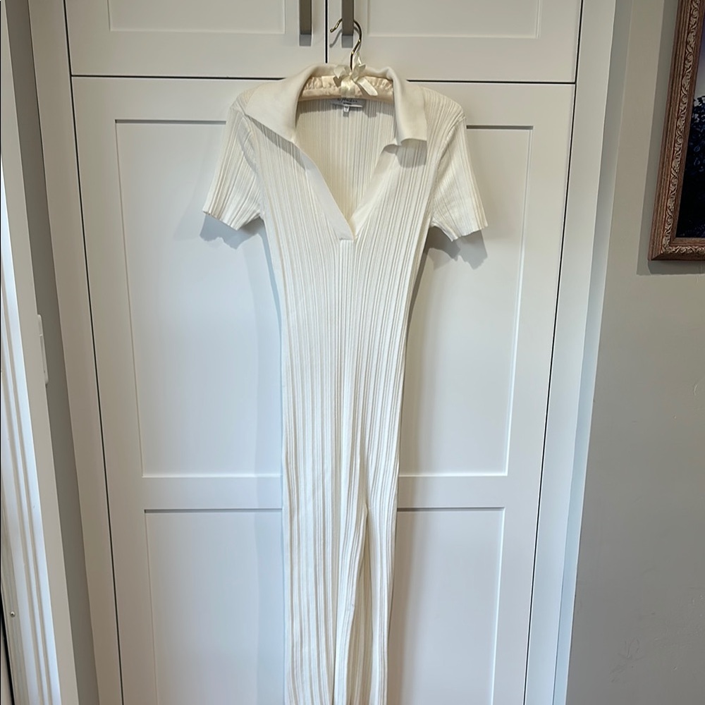 L'Academie Cream Ribbed Maxi Dress with Polo Collar